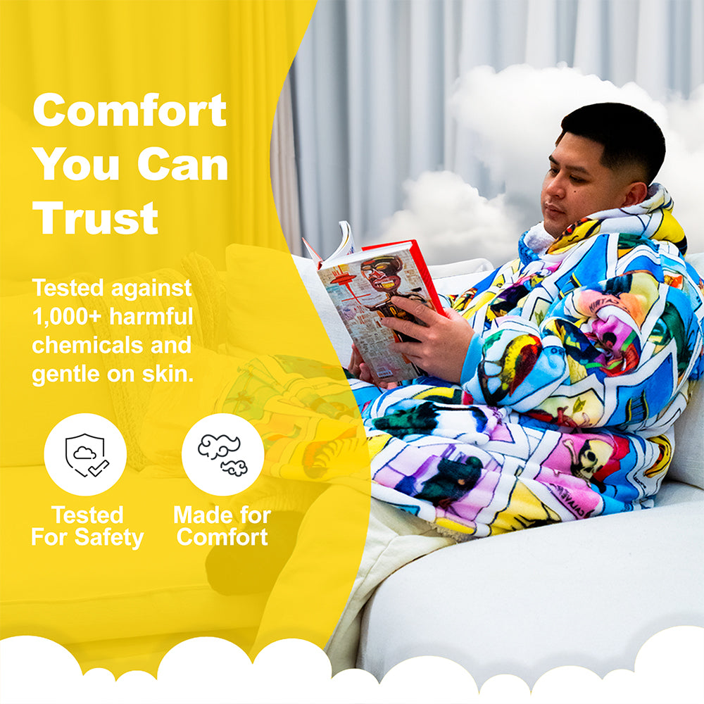 Person wrapped in a colorful blanket reading a book, with text about comfort and safety.