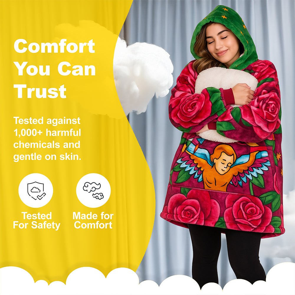Person wearing a colorful hoodie with floral design, surrounded by text about safety and comfort.